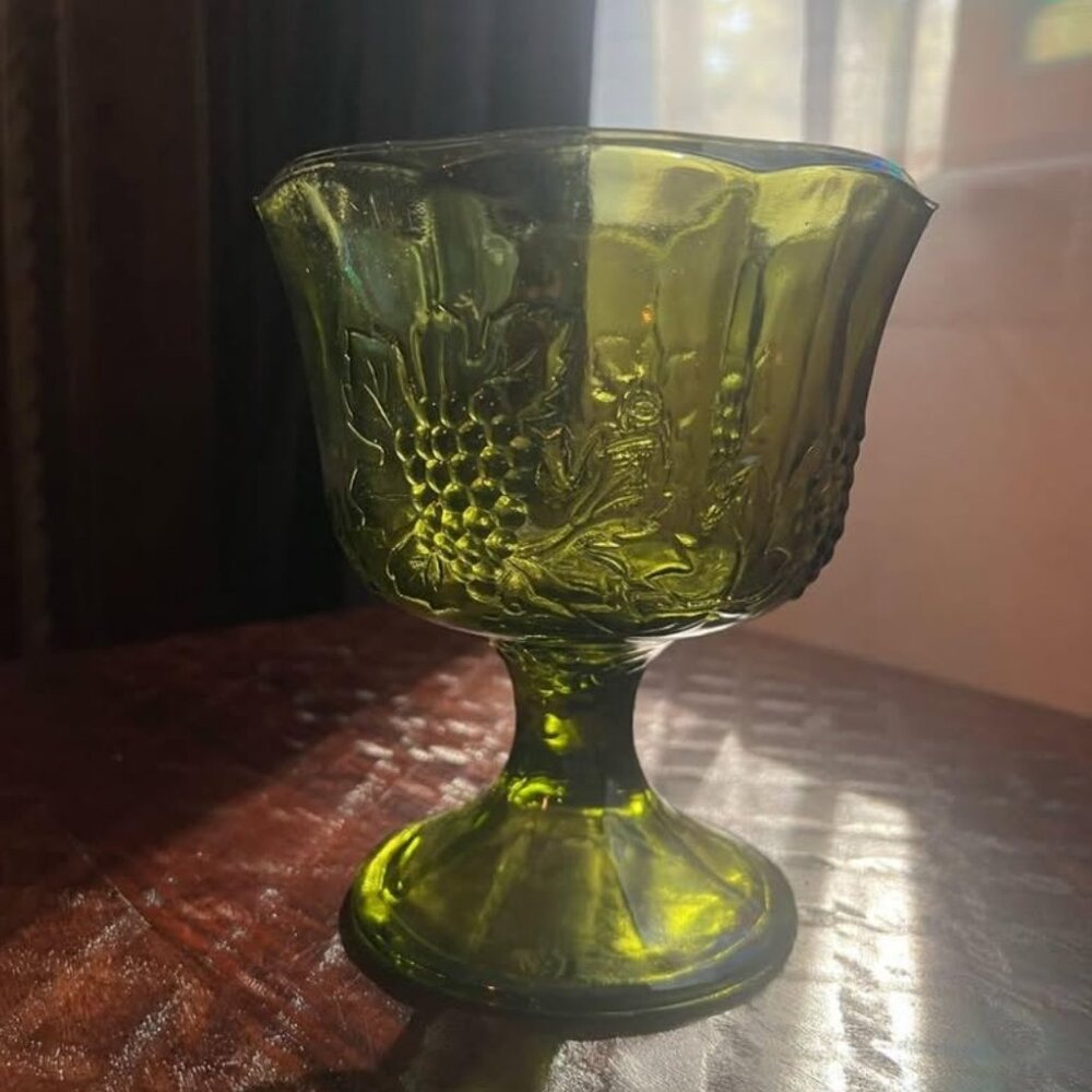 Vintage Indiana Glass Colony Harvest Pedestal Bowl Grape Pattern Avocado Green